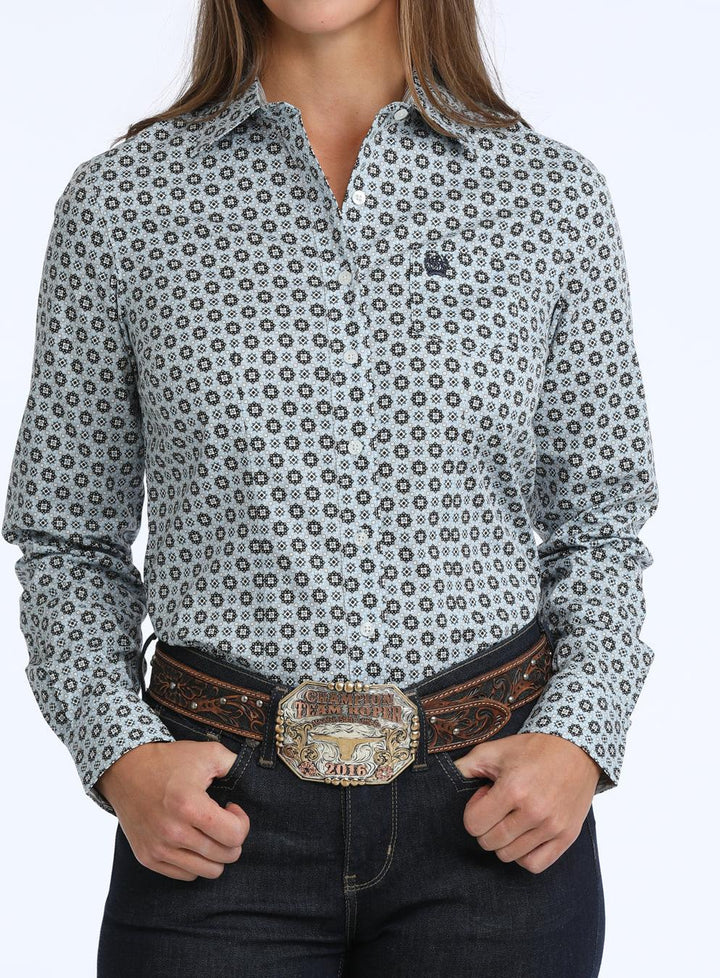 Cinch Women's Light Blue Geometric Printed Long Sleeve Button Down Shirt