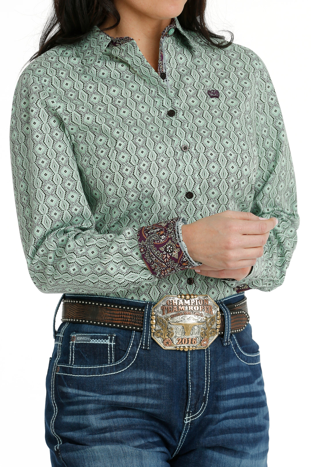 Cinch Women's Lime Green and Brown Western Shirt