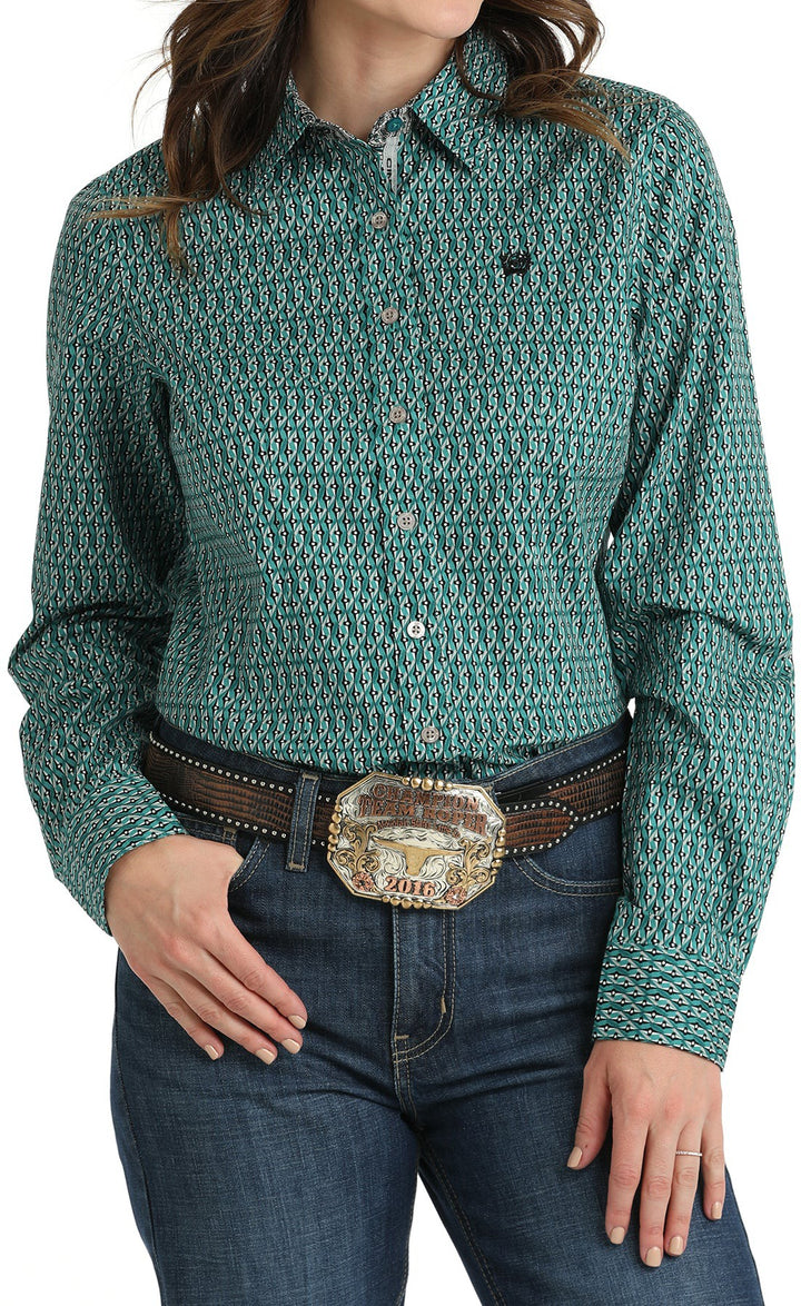 Cinch Women's Teal Geometric Print Button Down Shirt