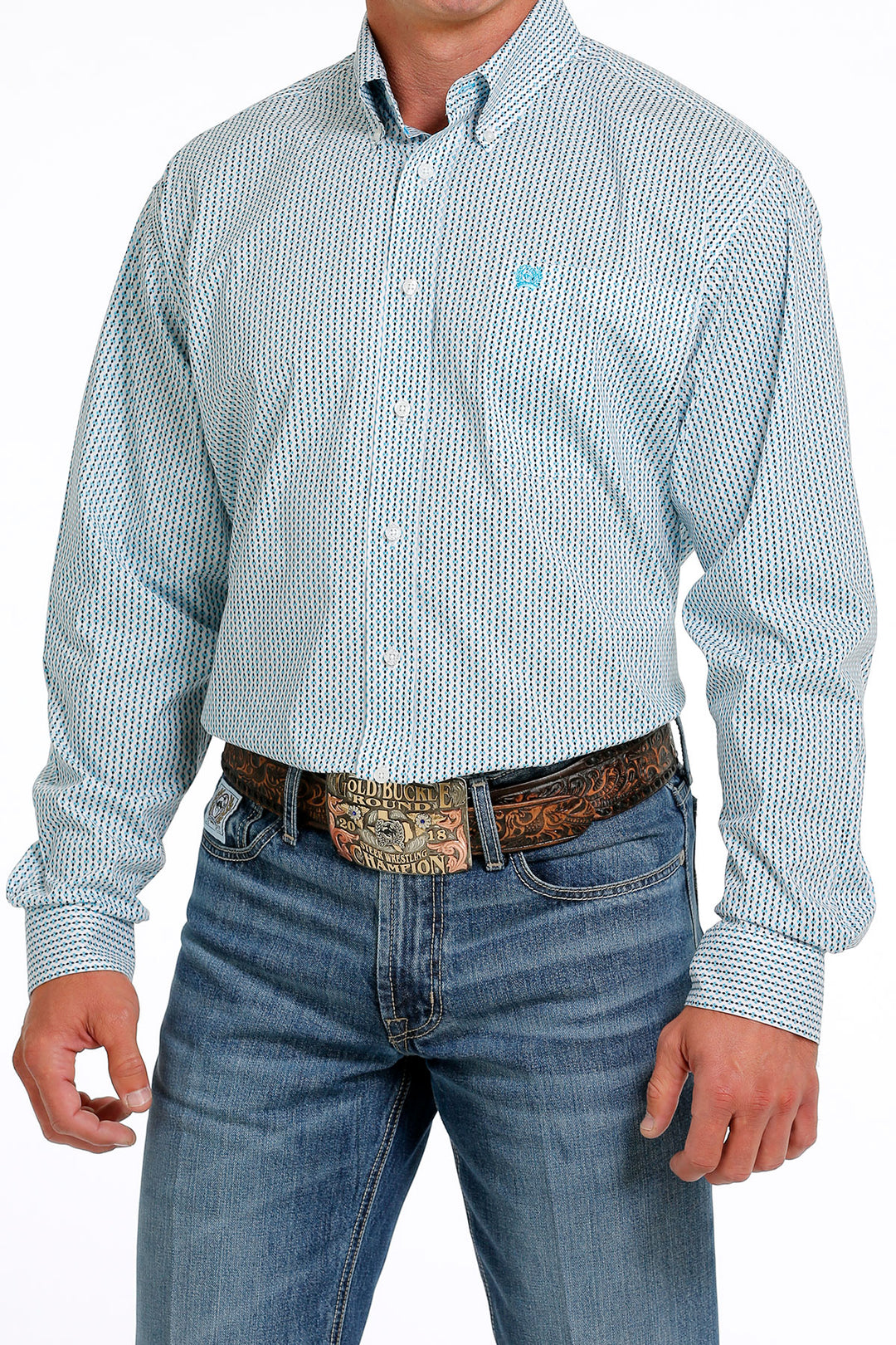 Cinch Men's Stretch Turquoise and White Geometric Button Down Shirt