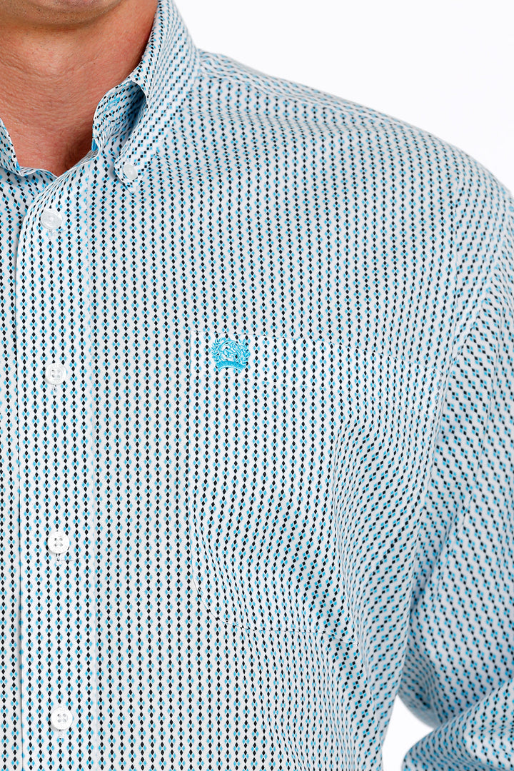 Cinch Men's Stretch Turquoise and White Geometric Button Down Shirt