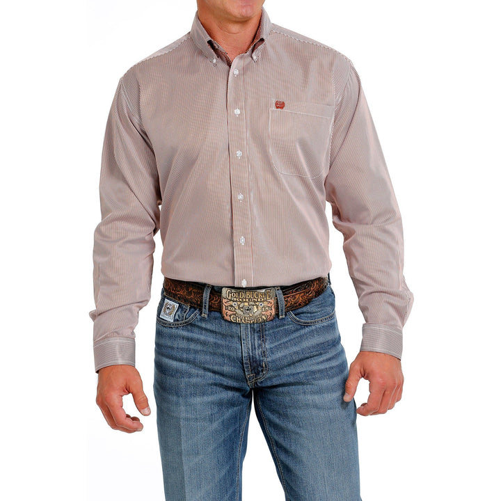 Cinch Men's Brown and White Stripe Tencel Button Down Western Shirt