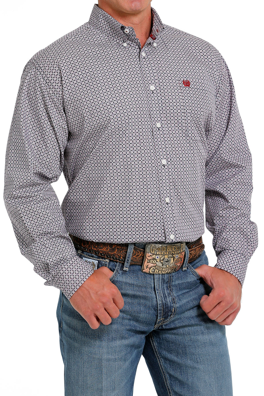 Cinch Men's Blue and Red Geometric Button Down Western Shirt