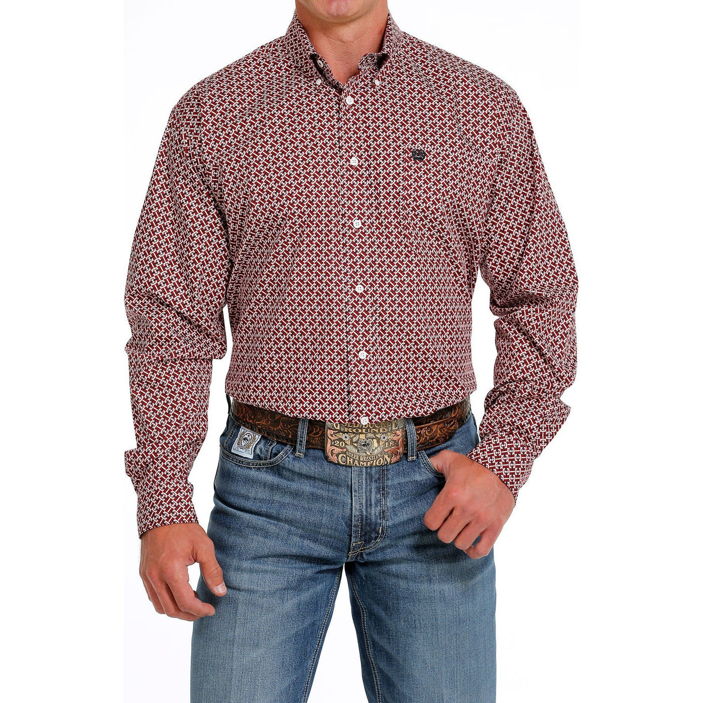 Cinch Men's Red and White Geometric Button Down Western Shirt