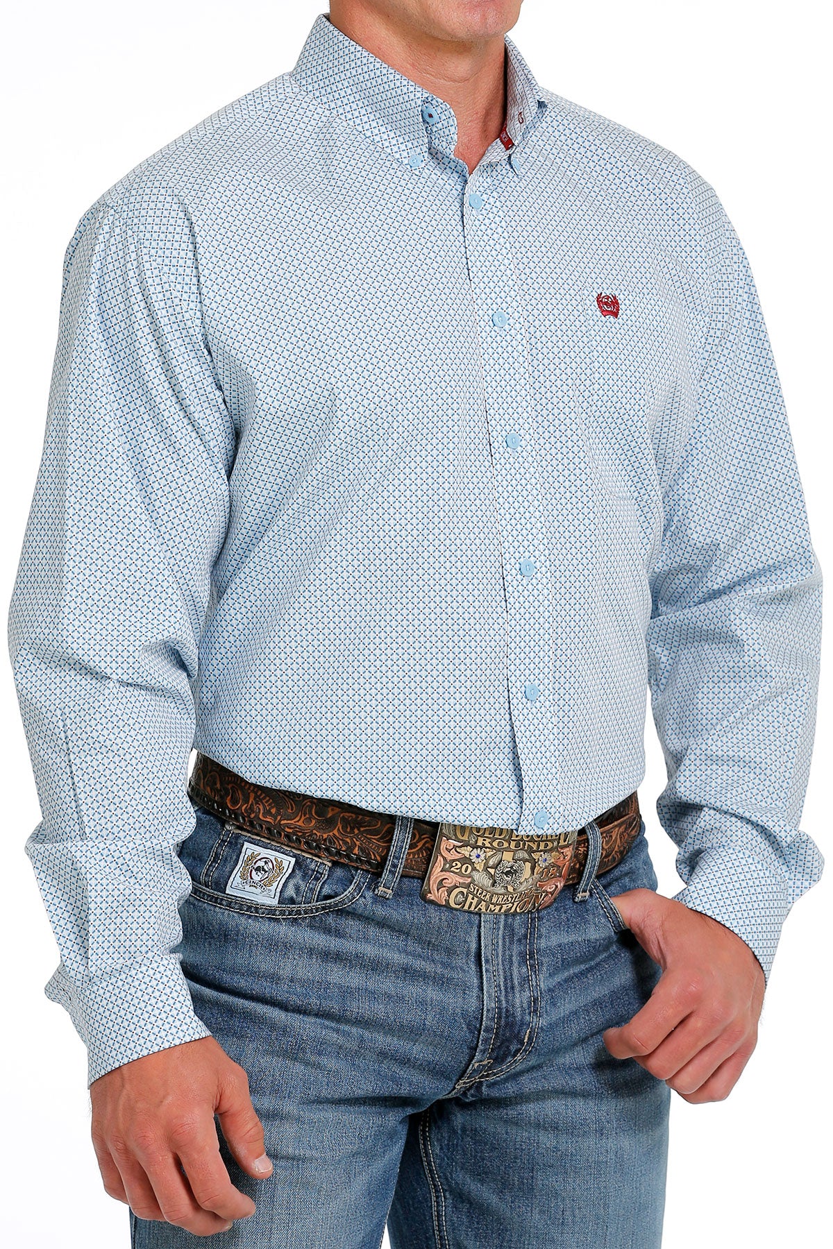 Cinch Men's Light Blue Geometric Button Down Western Shirt – West
