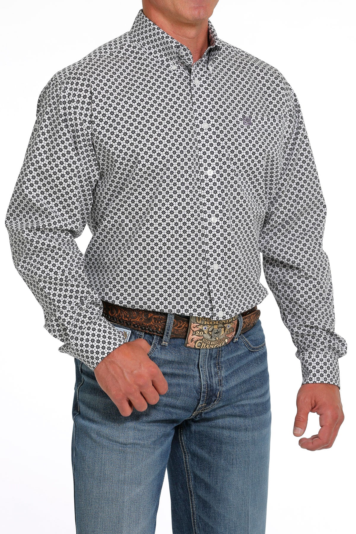 Cinch Men's White and Purple Geometric Button Down Western Shirt