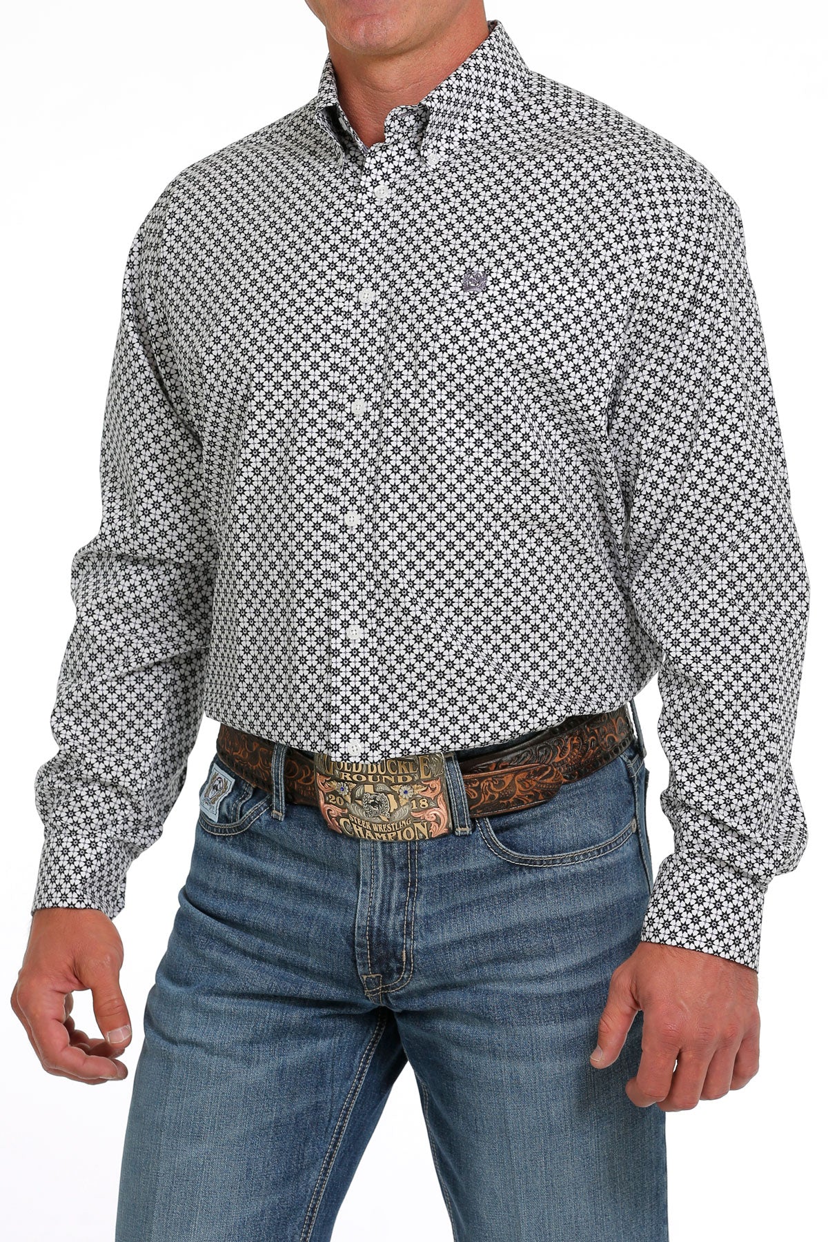 Cinch Men's White and Purple Geometric Button Down Western Shirt
