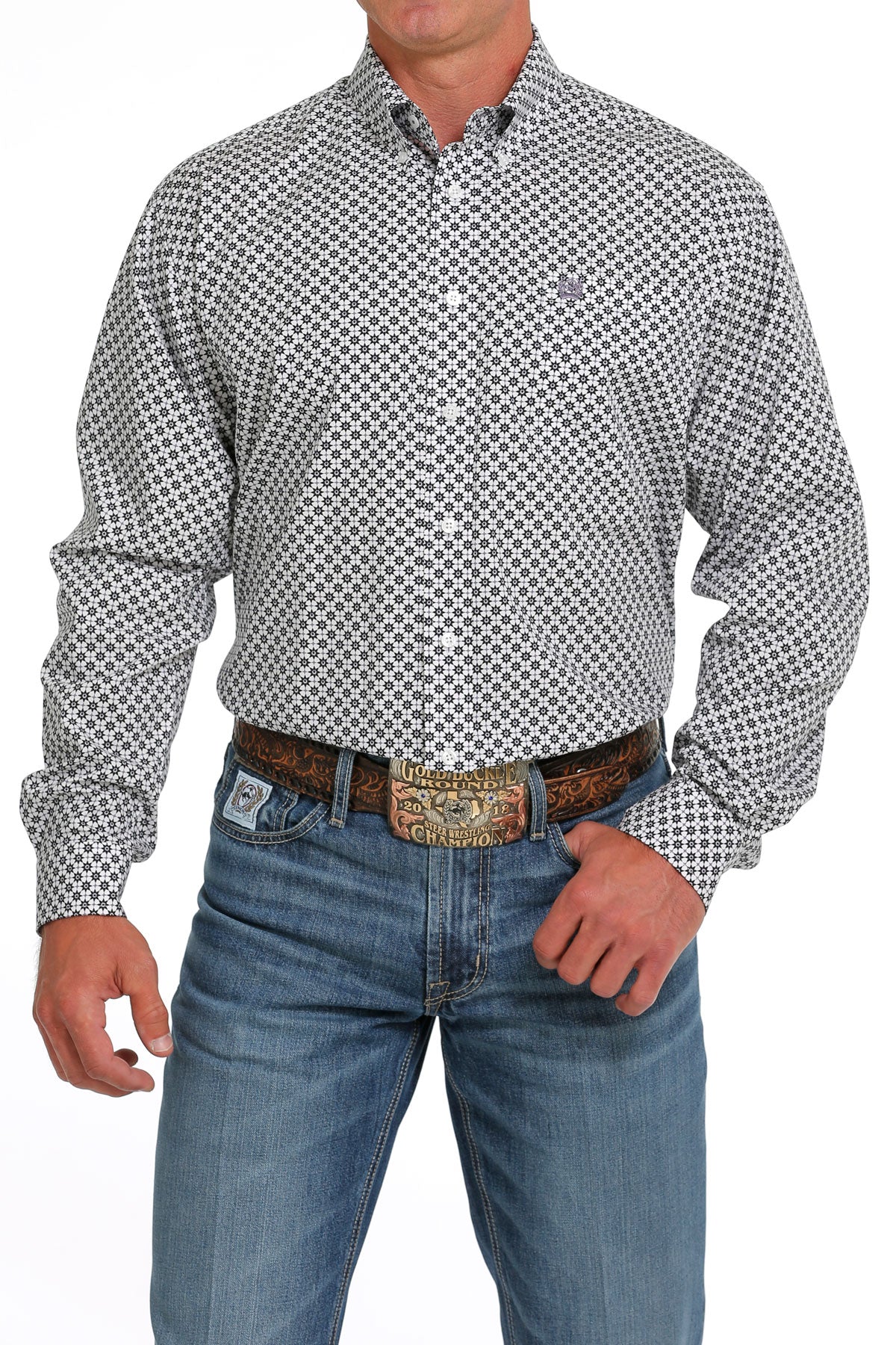 Cinch Men's White and Purple Geometric Button Down Western Shirt