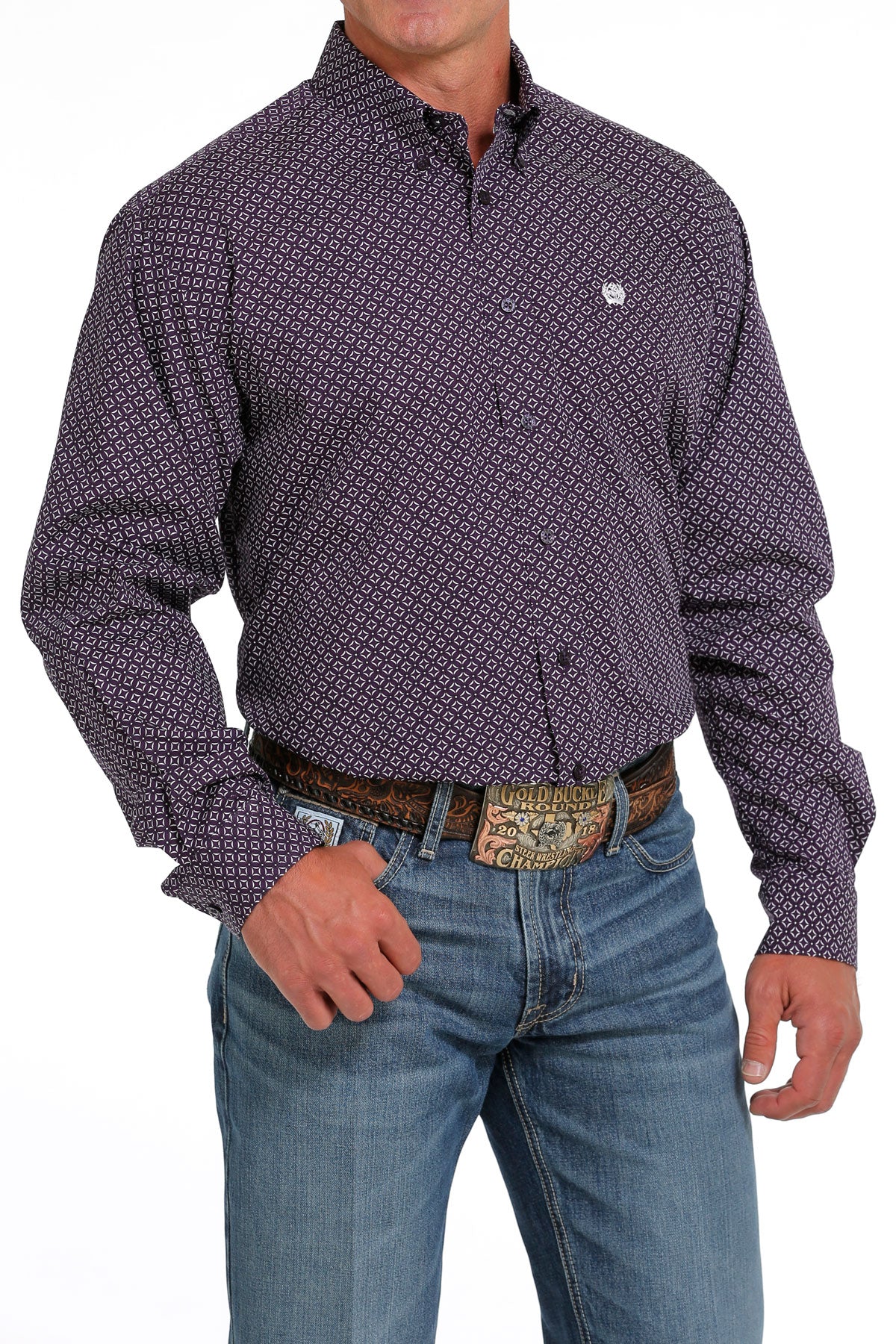 Cinch Men's Purple and White Geometric Button Down Western