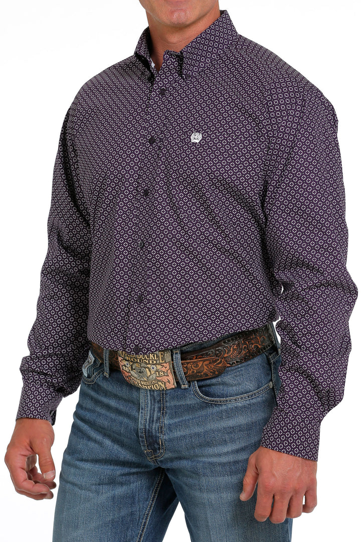Cinch Men's Purple and White Geometric Button Down Western Shirt