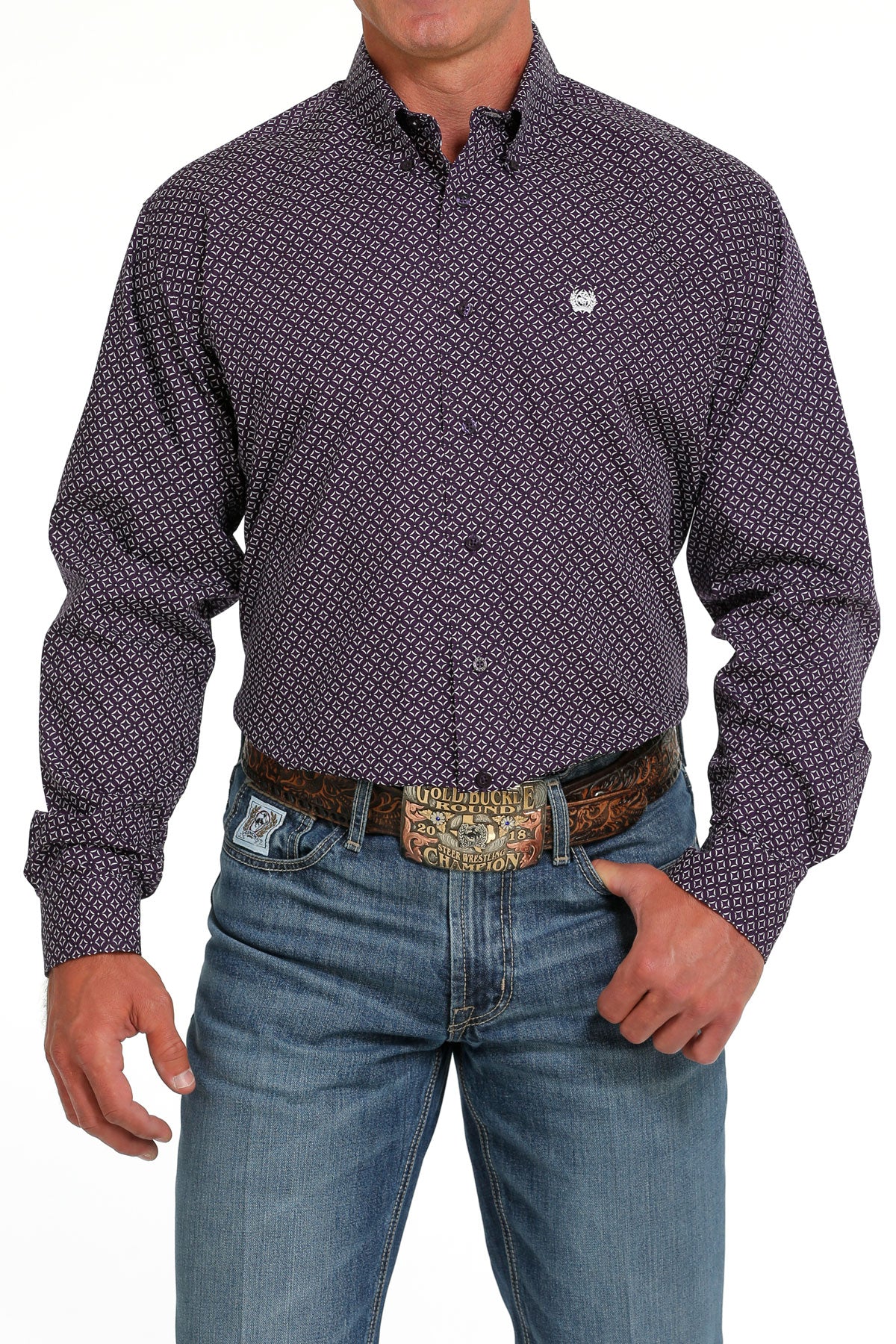 Cinch Men's Purple and White Geometric Button Down Western