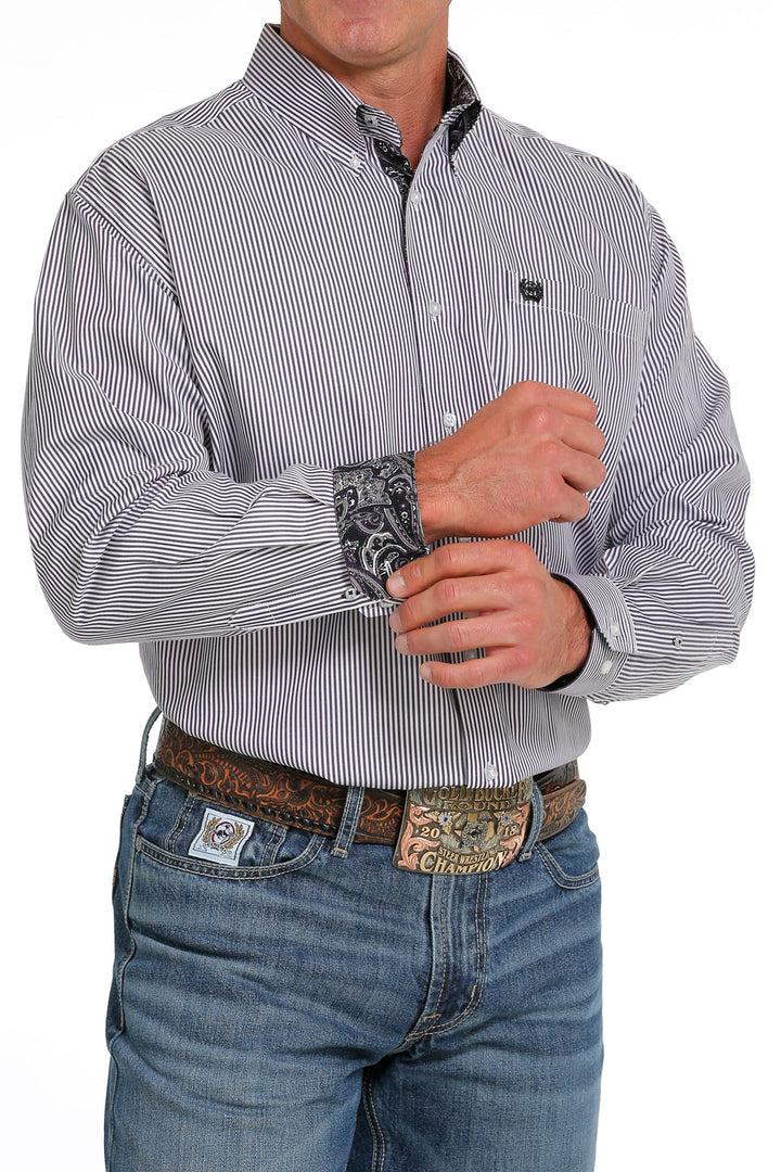 Cinch Men's White and Purple Stripe Tencel Button Down Western Shirt