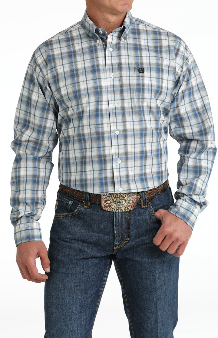 Cinch Men's White and Blue Plaid Button Down Shirt