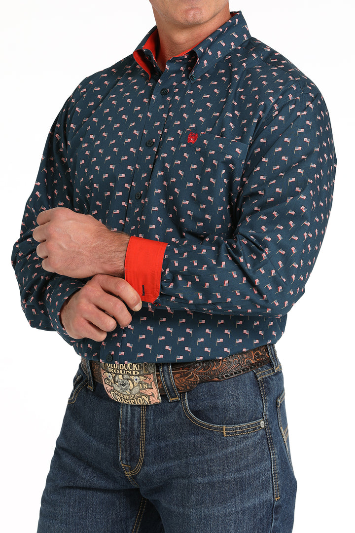 Cinch Men's Navy and Red Flag Print Button Down Shirt