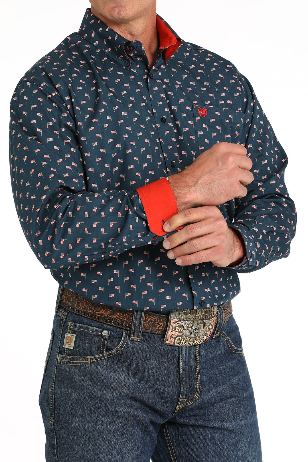 Cinch Men's Navy and Red Flag Print Button Down Shirt