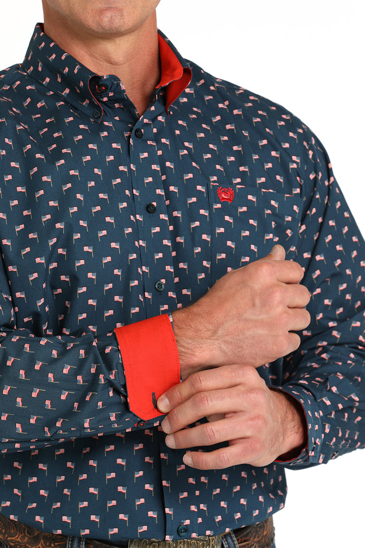 Cinch Men's Navy and Red Flag Print Button Down Shirt