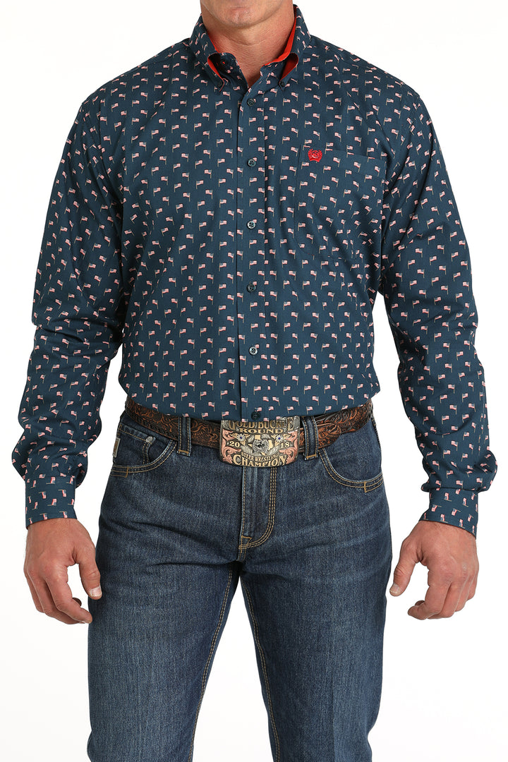 Cinch Men's Navy and Red Flag Print Button Down Shirt