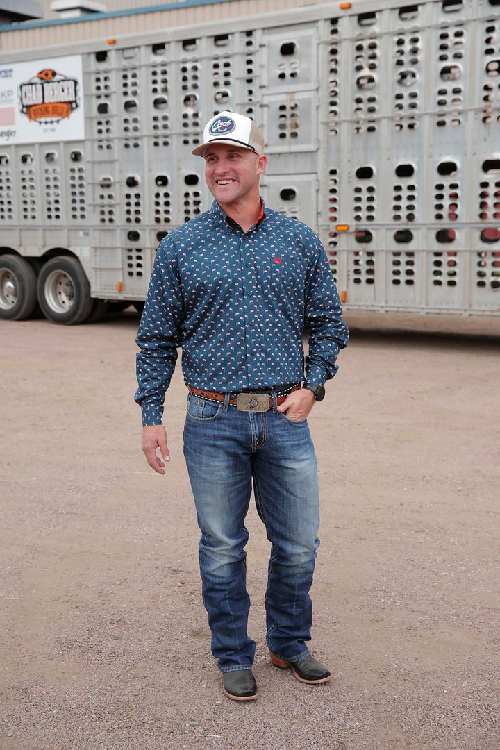 Cinch Men's Navy and Red Flag Print Button Down Shirt