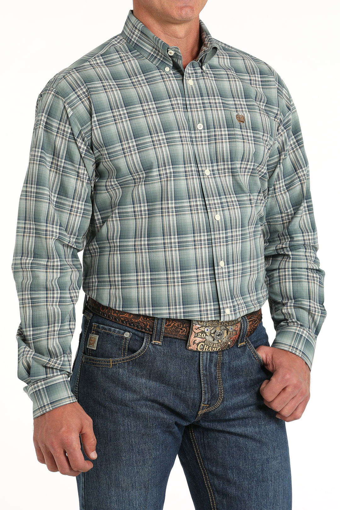 Cinch Men's Green Plaid Button Down Shirt