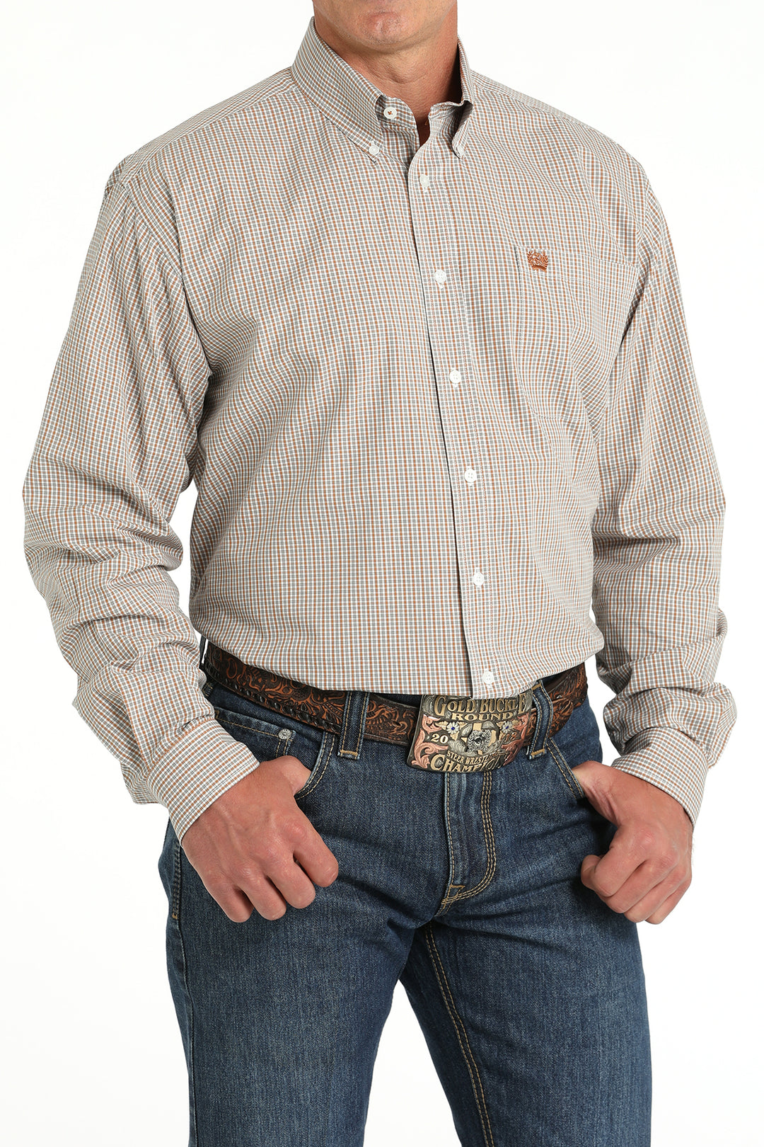 Cinch Men's Grey and Ochre Mini Check Button Down Shirt