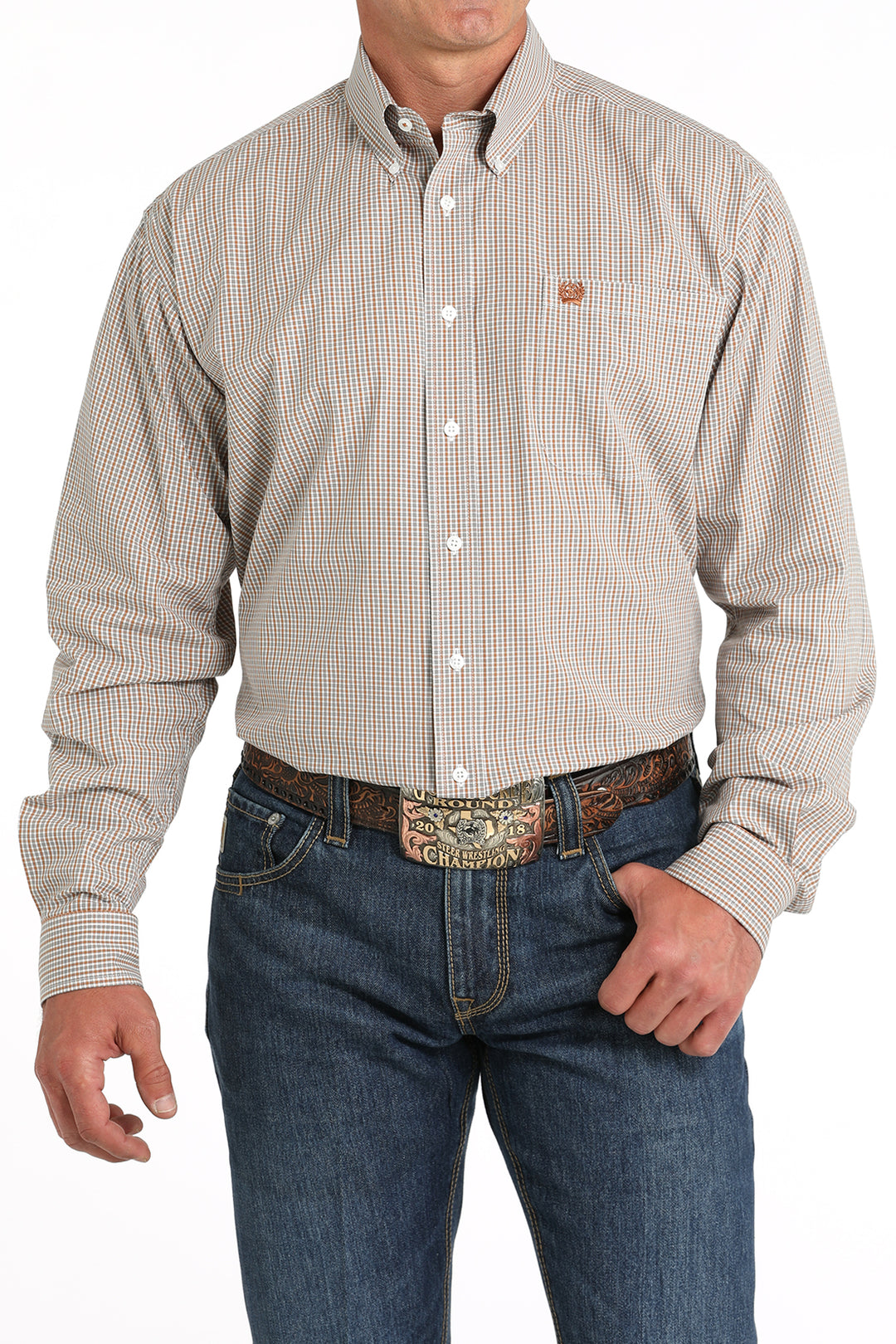 Cinch Men's Grey and Ochre Mini Check Button Down Shirt