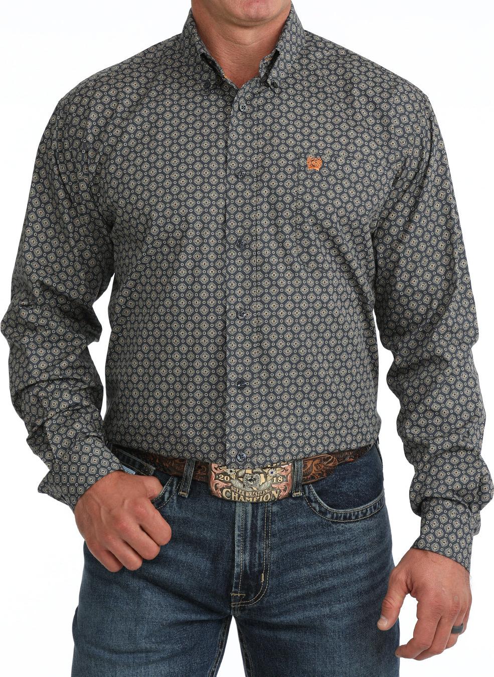 Cinch Men's Navy Geometric Print Long Sleeve Button Down Shirt