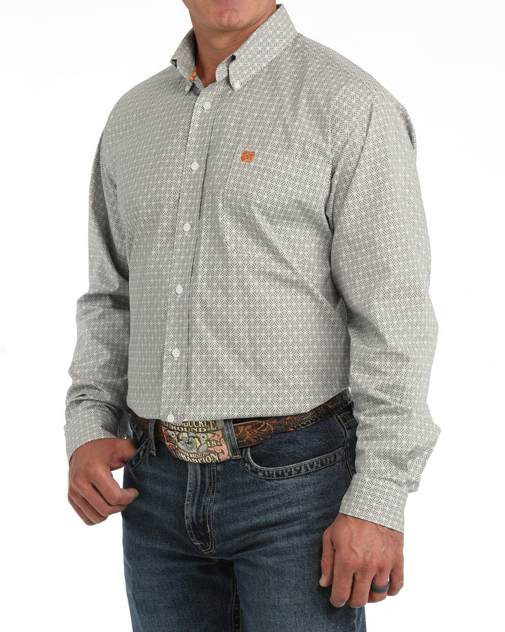 Cinch Men's White Geometric Stretch Long Sleeve Button Down Shirt