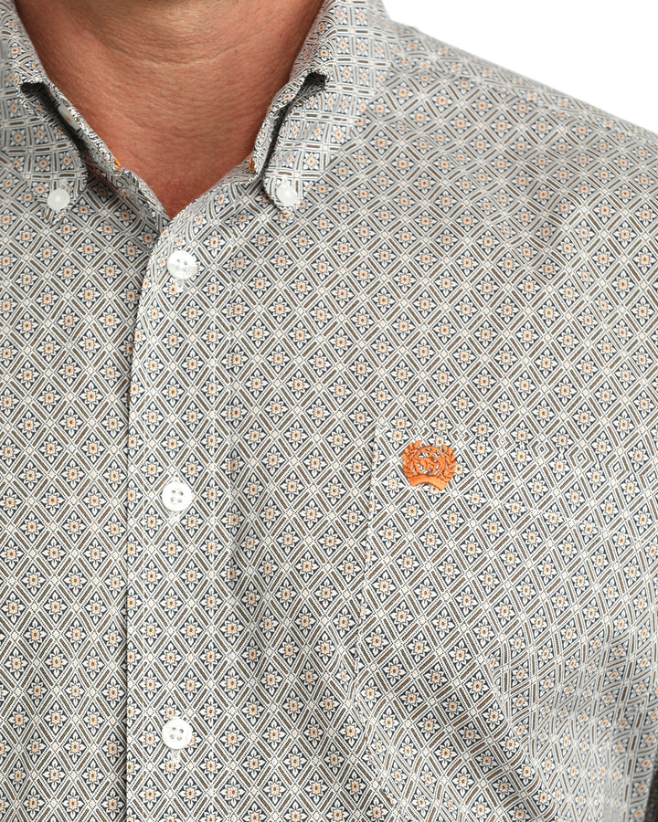 Cinch Men's White Geometric Stretch Long Sleeve Button Down Shirt