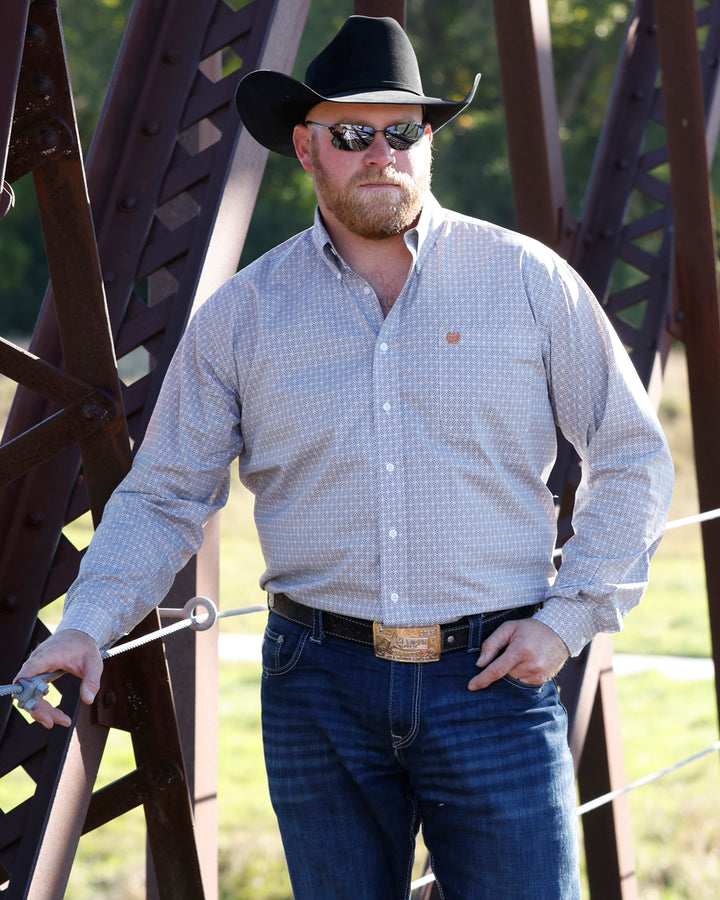 Cinch Men's White Geometric Stretch Long Sleeve Button Down Shirt