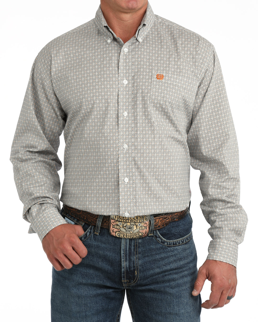 Cinch Men's White Geometric Stretch Long Sleeve Button Down Shirt
