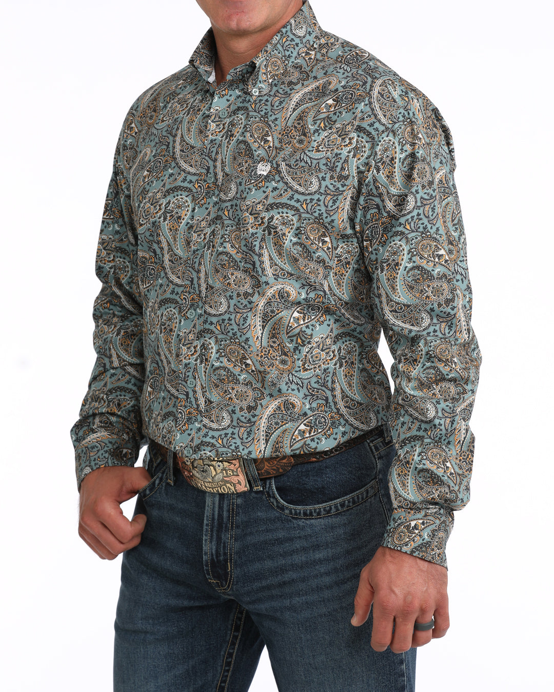 Cinch Men's Blue Paisley Print Long Sleeve Button Down Shirt