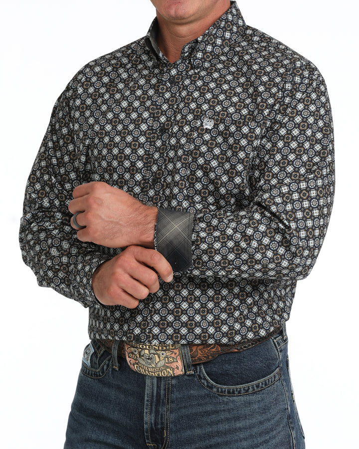 Cinch Men's Navy Geometric Print Long Sleeve Button Down Shirt