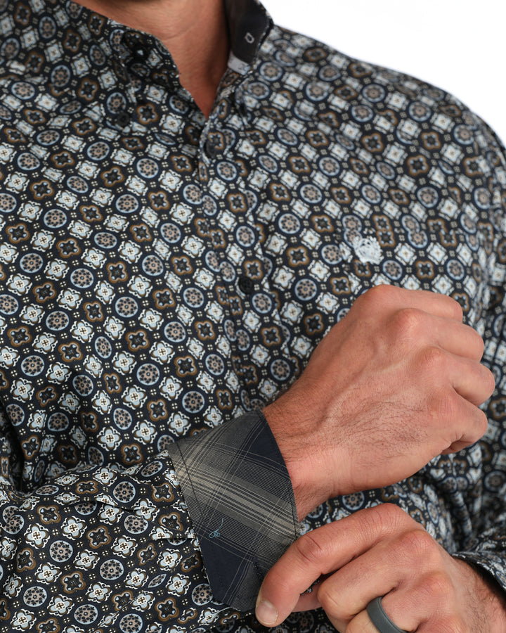 Cinch Men's Navy Geometric Print Long Sleeve Button Down Shirt
