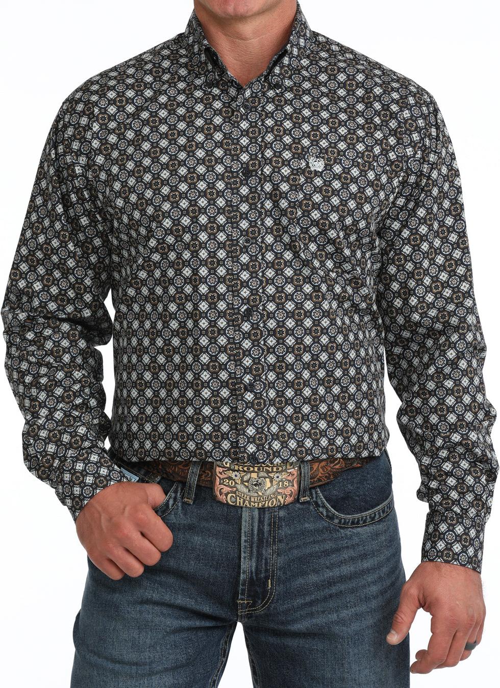Cinch Men's Navy Geometric Print Long Sleeve Button Down Shirt