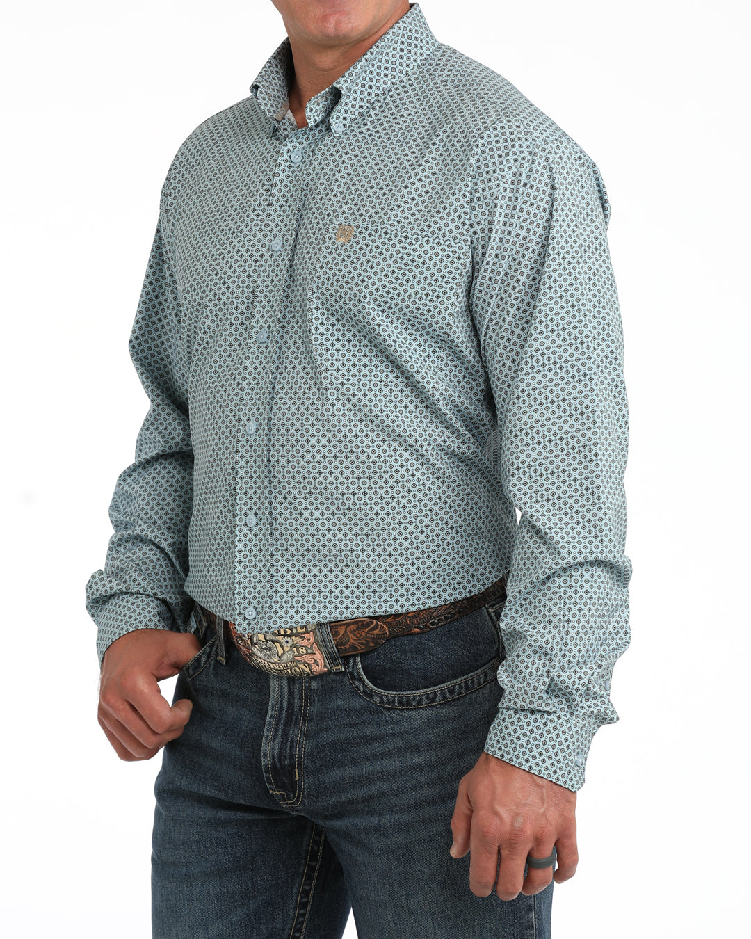 Cinch Men's Light Blue Geometric Print ArenaFlex Long Sleeve Button Down Shirt