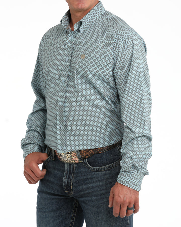 Cinch Men's Light Blue Geometric Print ArenaFlex Long Sleeve Button Down Shirt