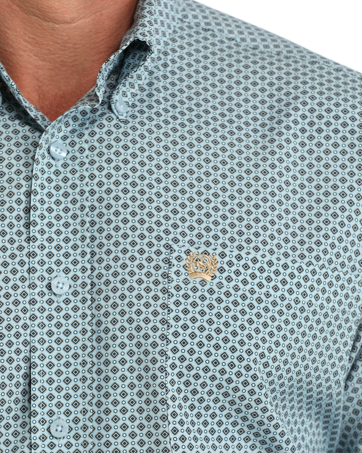 Cinch Men's Light Blue Geometric Print ArenaFlex Long Sleeve Button Down Shirt