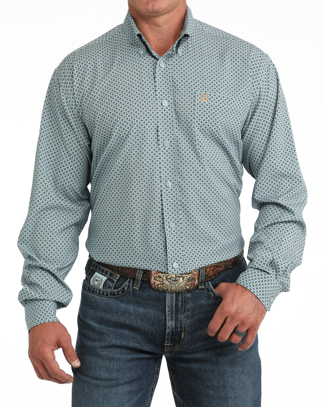 Cinch Men's Light Blue Geometric Print ArenaFlex Long Sleeve Button Down Shirt