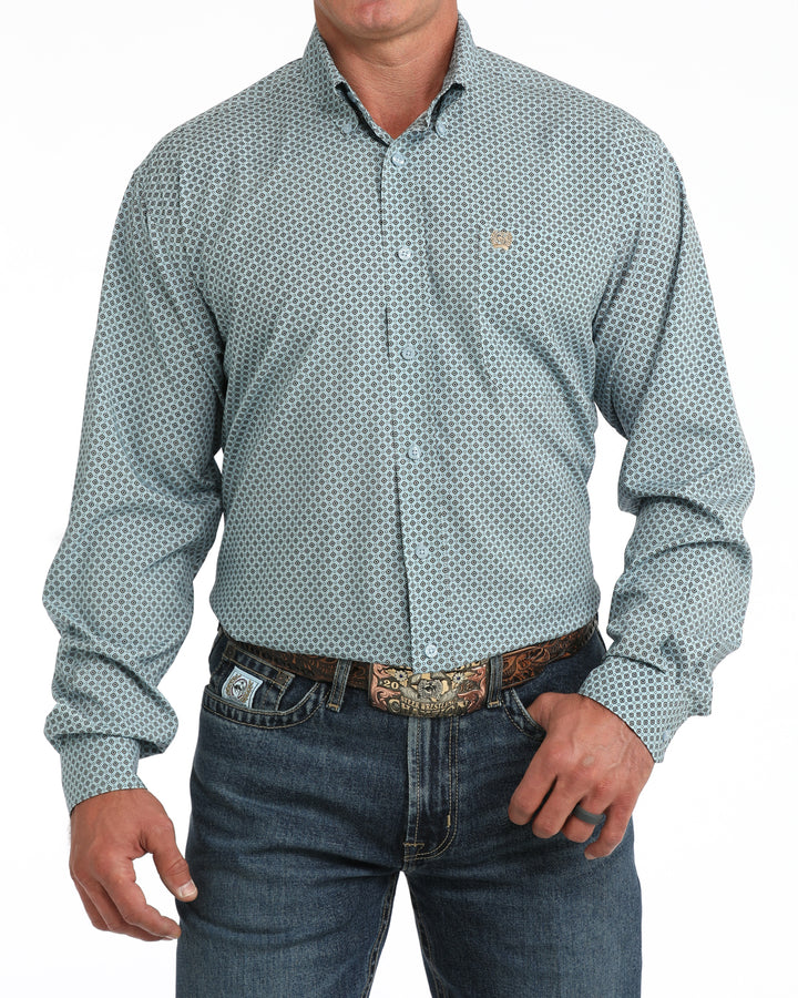 Cinch Men's Light Blue Geometric Print ArenaFlex Long Sleeve Button Down Shirt