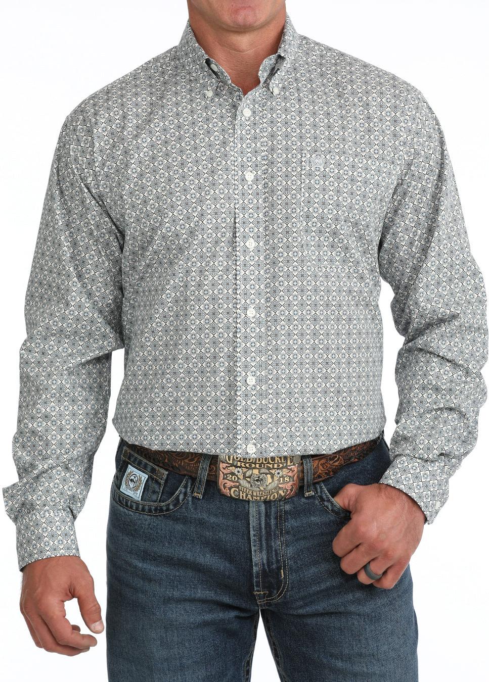 Cinch Men's Cream Geometric Print Long Sleeve Button Down Shirt