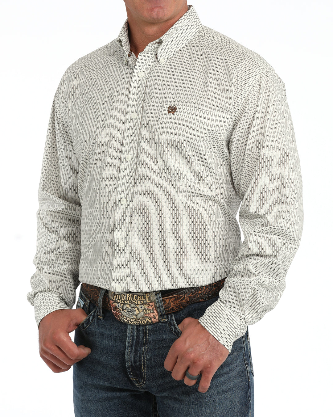 Cinch Men's Cream Line and Diamond Printed Long Sleeve Button Down Shirt
