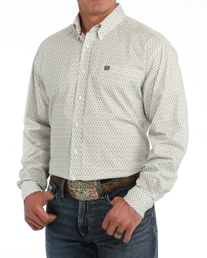 Cinch Men's Cream Line and Diamond Printed Long Sleeve Button Down Shirt