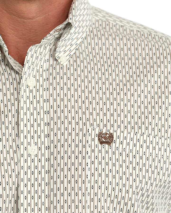 Cinch Men's Cream Line and Diamond Printed Long Sleeve Button Down Shirt