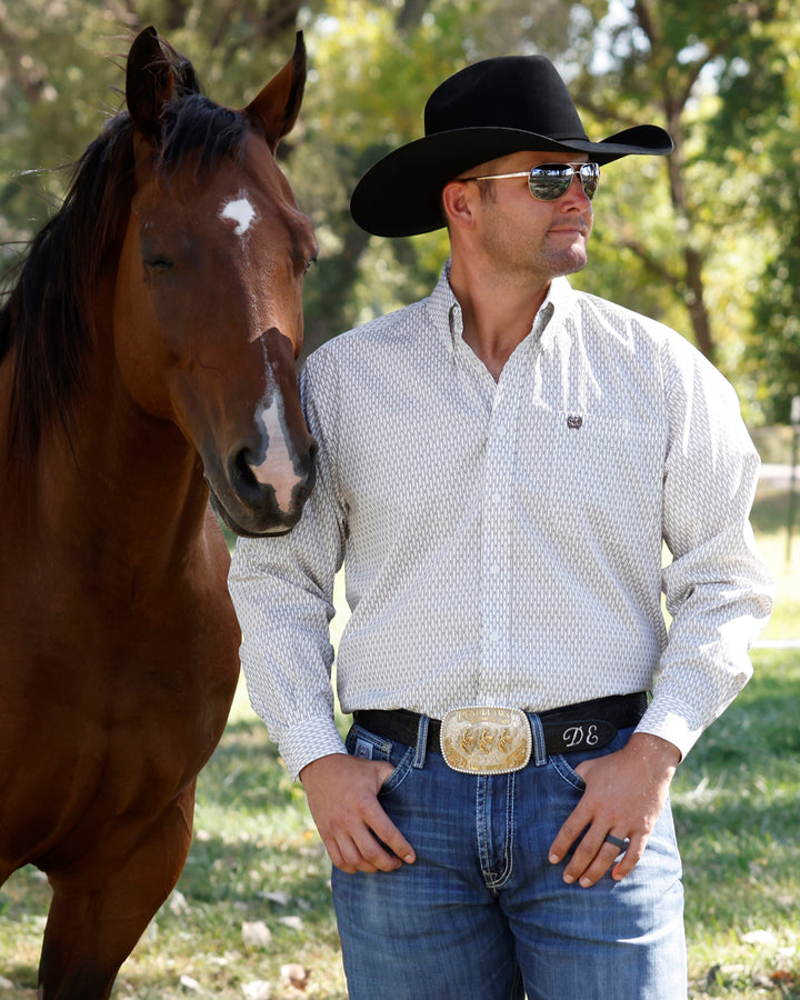 Cinch Men's Cream Line and Diamond Printed Long Sleeve Button Down Shirt