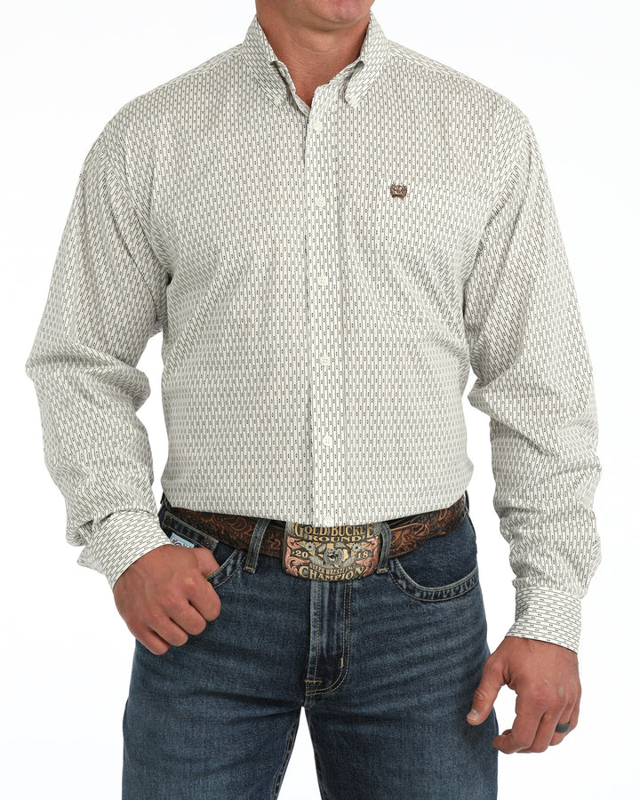 Cinch Men's Cream Line and Diamond Printed Long Sleeve Button Down Shirt