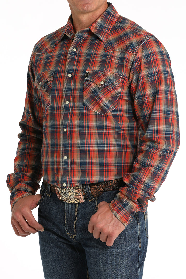 Cinch Men's Red and Navy Plaid Modern Fit Snap Shirt