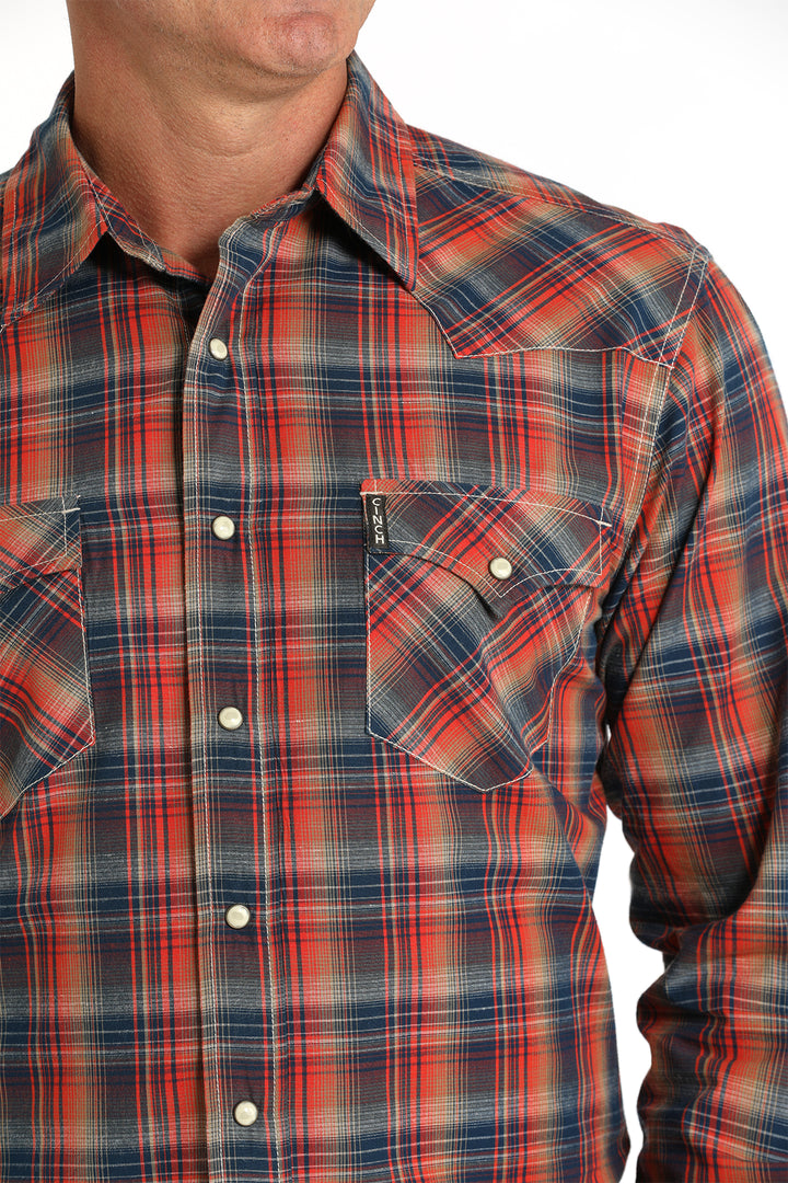 Cinch Men's Red and Navy Plaid Modern Fit Snap Shirt