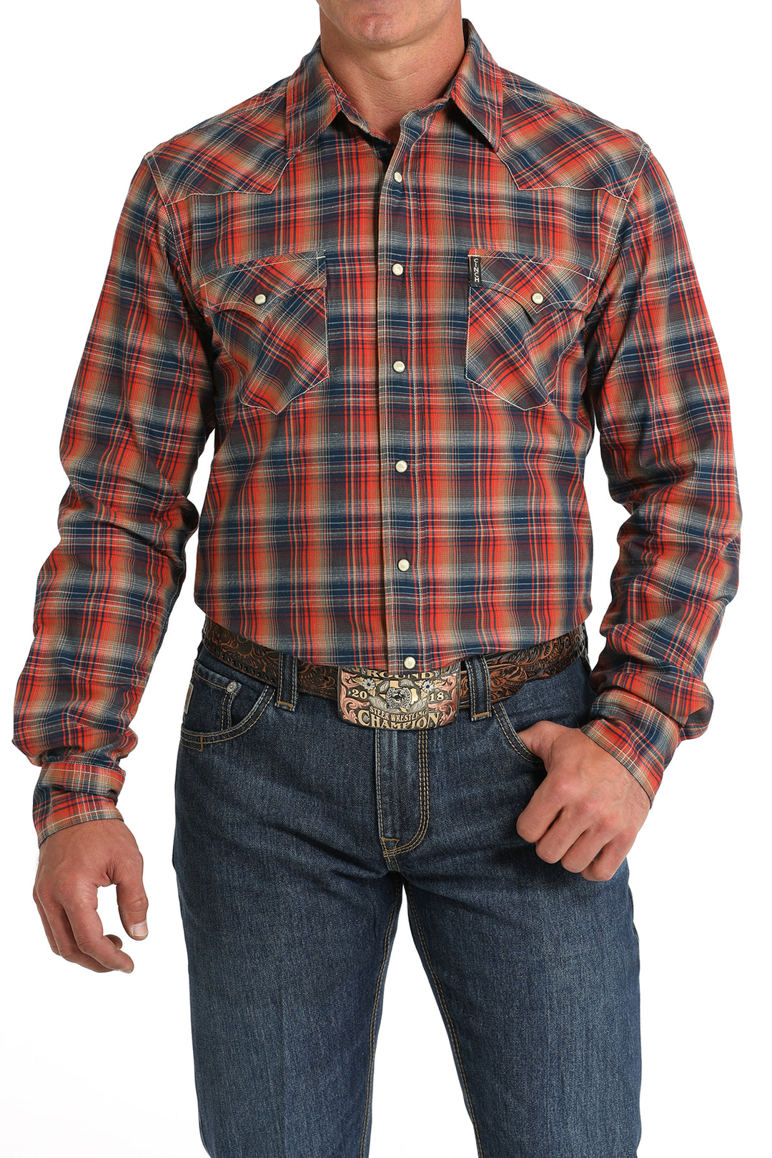 Cinch Men's Red and Navy Plaid Modern Fit Snap Shirt