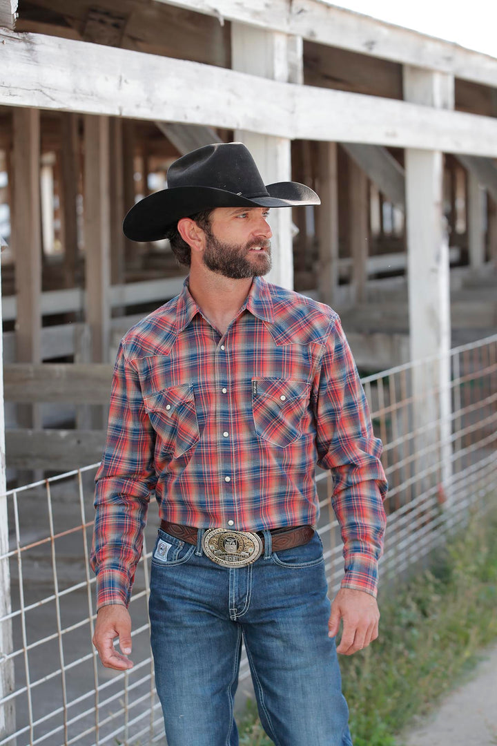 Cinch Men's Red and Navy Plaid Modern Fit Snap Shirt