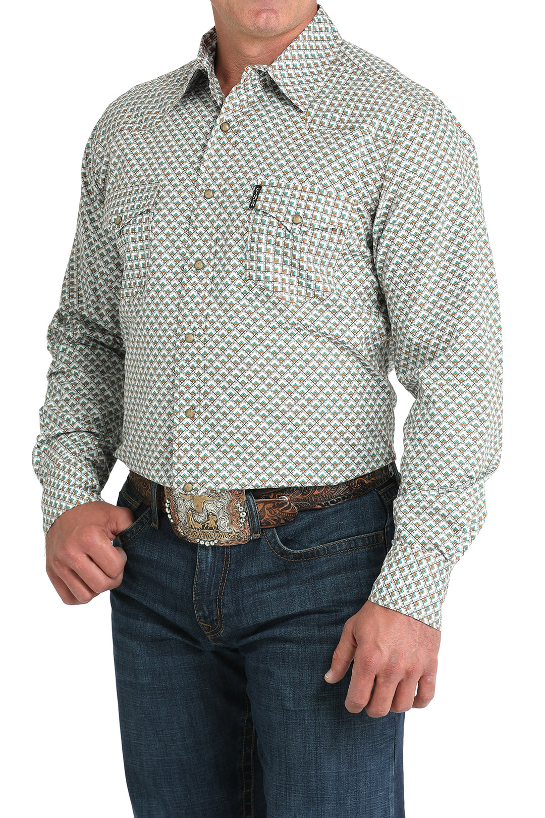 Cinch Men's White Geometric Print Modern Fit Snap Down Shirt